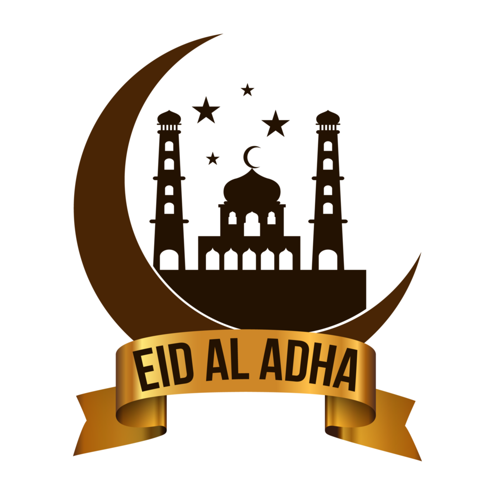 Happy Eid Al Adha Muslim festival celebration. Eid Al Adha calligraphy design with golden arabesque decorations, golden ribbon, Muslim mosque, and moon vector. png