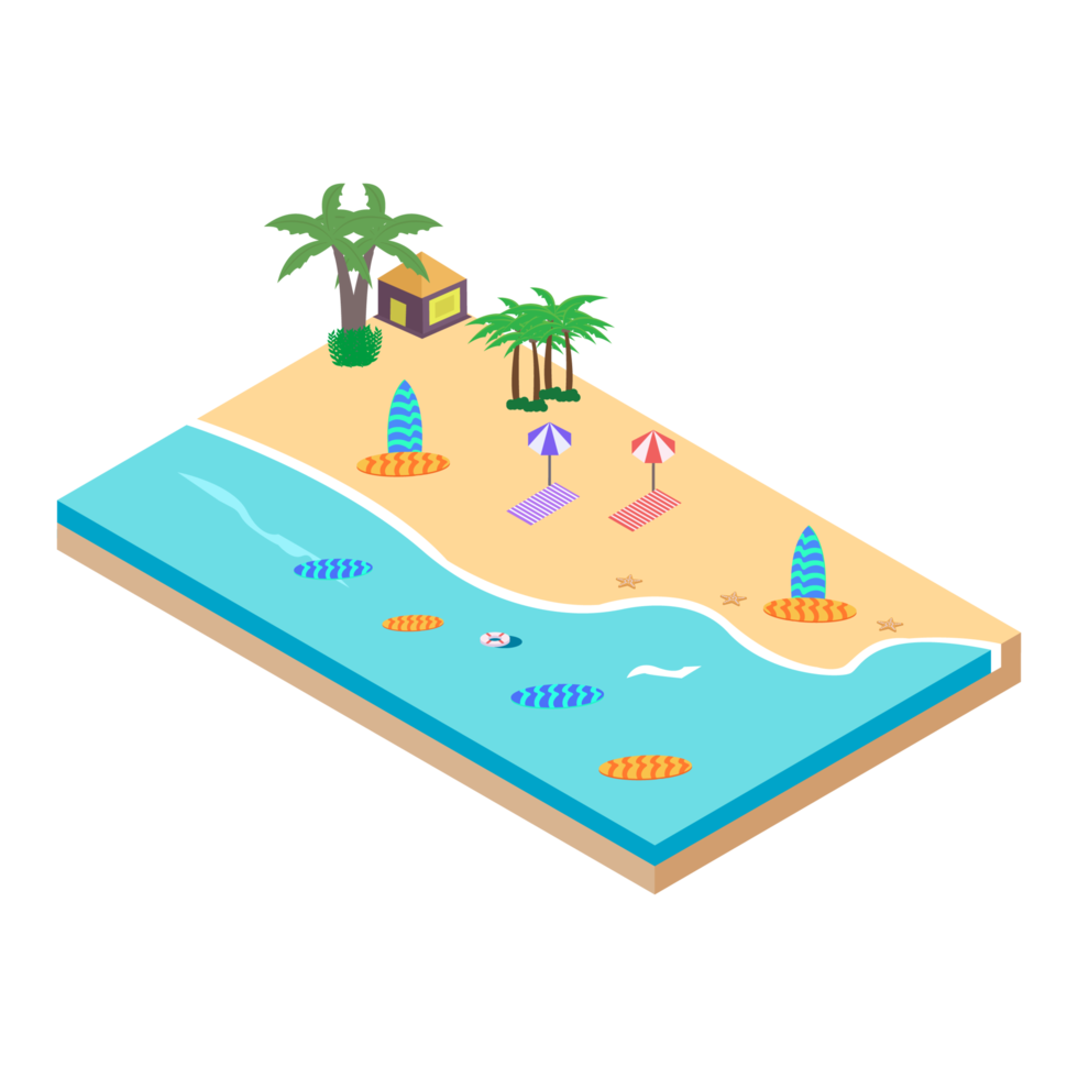 sandstrand koncept vektorillustration. sandstrand vektor med surfbräda och resort koncept och kokospalmer. havet 3d konst med livboj. png