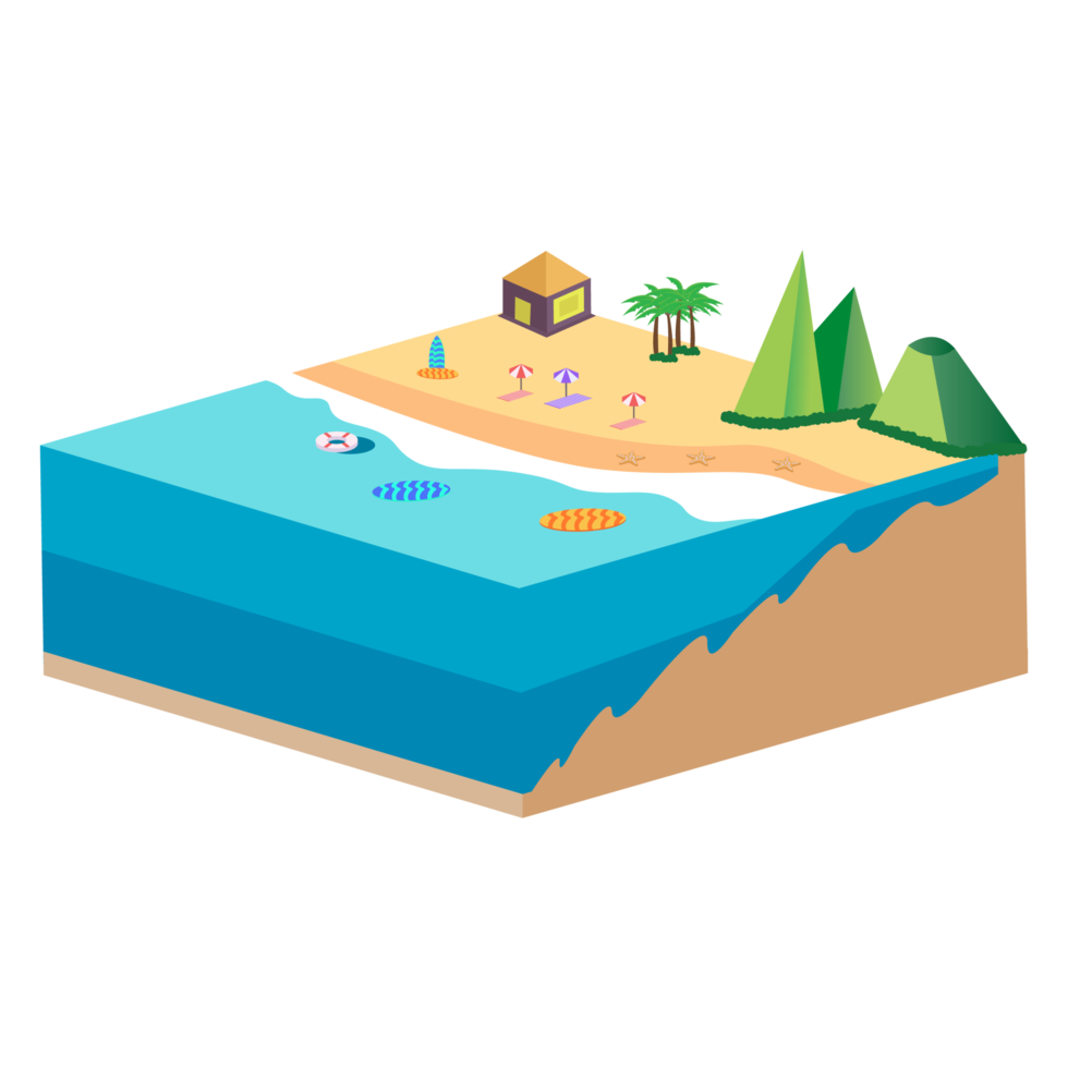 Illustrazione di vettore di concetto del paesaggio della spiaggia sabbiosa 3d. vettore di spiaggia sabbiosa con tavola da surf e concetto di collina verde e albero di cocco. Seashore 2.5d art con salvagente. png