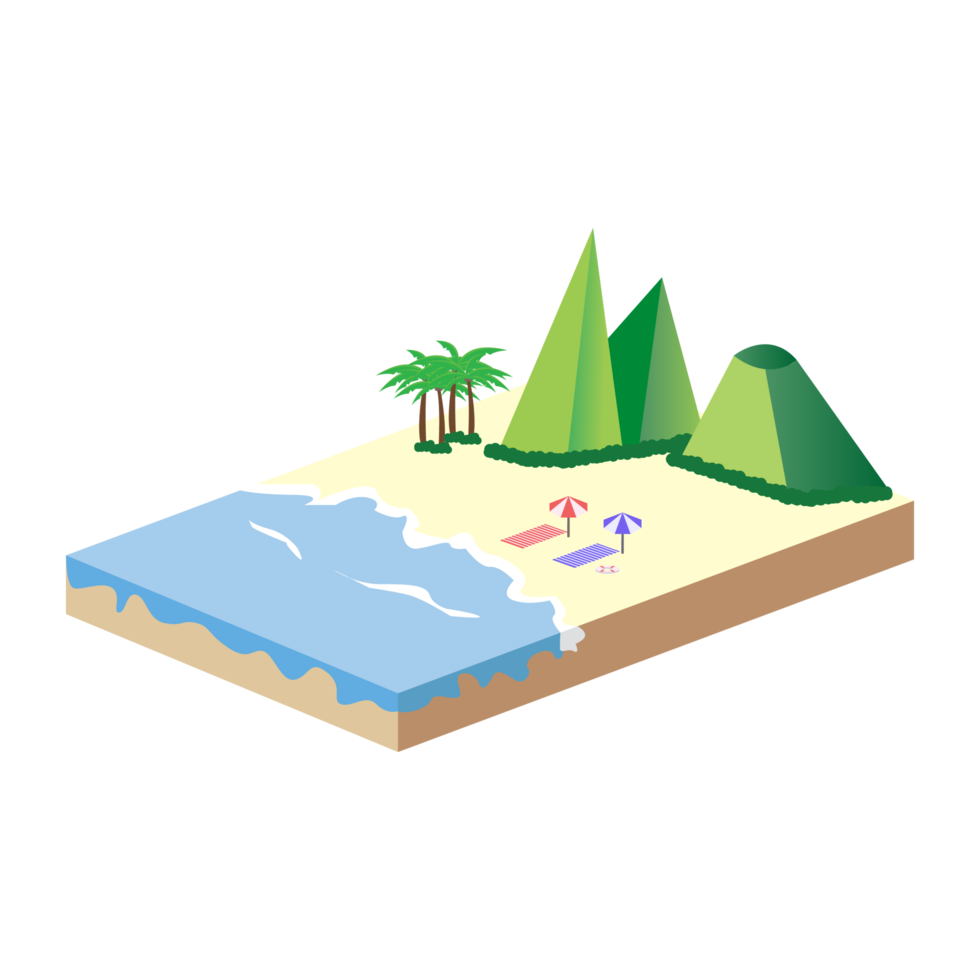 2.5D sandy beach vector design with the green hill concept, Sandy beach vector with 2.5D shaped landscape, Beach with blue sea in the summertime. png