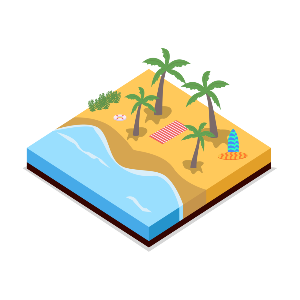 2.5D Sandy beach landscape vector design. Sandy beach collection with lifebuoy and surfboard. Seashore 3D art with lifebuoy and sunbathe. png