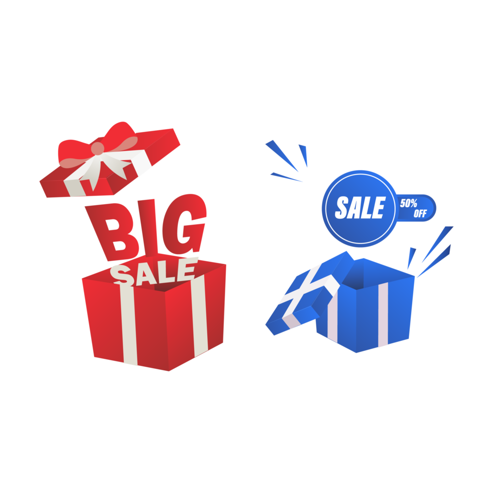 Big sale offer design collection with red and blue color shade. Big sale red and blue color design. 50 percent off  sale for business shop vector design with gift. png