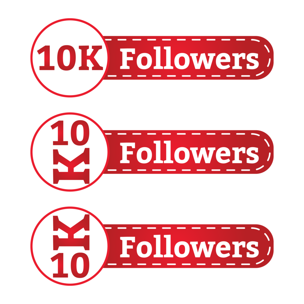 Collezione di badge da 10.000 follower. pulsante follower dei social media con tonalità di colore rosso e bianco. disegno vettoriale del ringraziamento per la celebrazione dei social media 10k follower. png