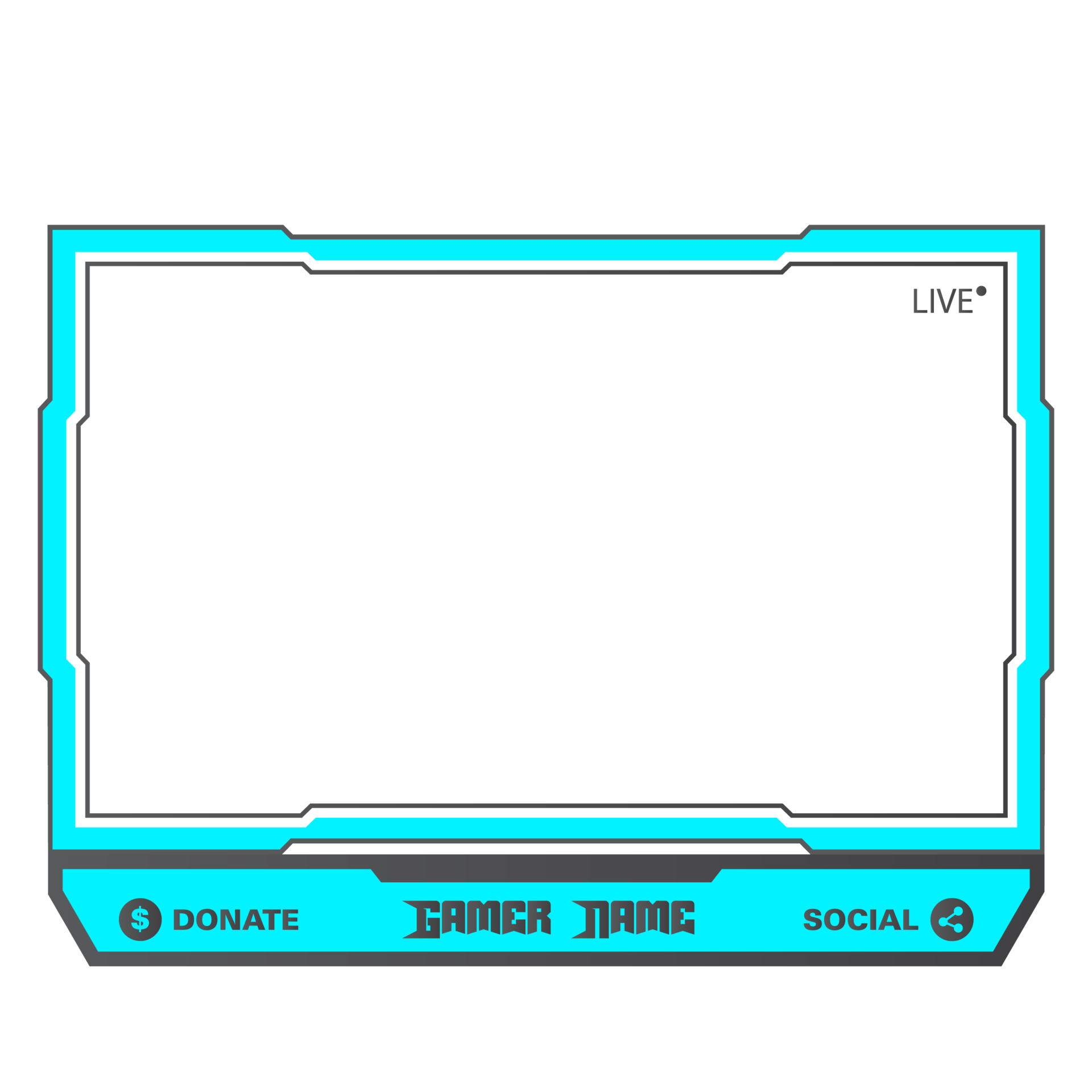 Free Live Game Streaming Overlay With Dark Black And Light Blue Color Shade Stylish Live Streaming Overlay Frame Screen Overlay For Live Streamers Dark Black Color Overlay Frame With Donation Buttons