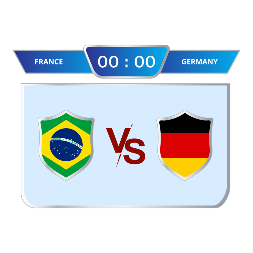 Football game scoreboard stylish collection. Soccer scoreboard with blue color shade and shield shape. Sports scoreboard with national flag. Brazil VS Germany match lower third overlay. png