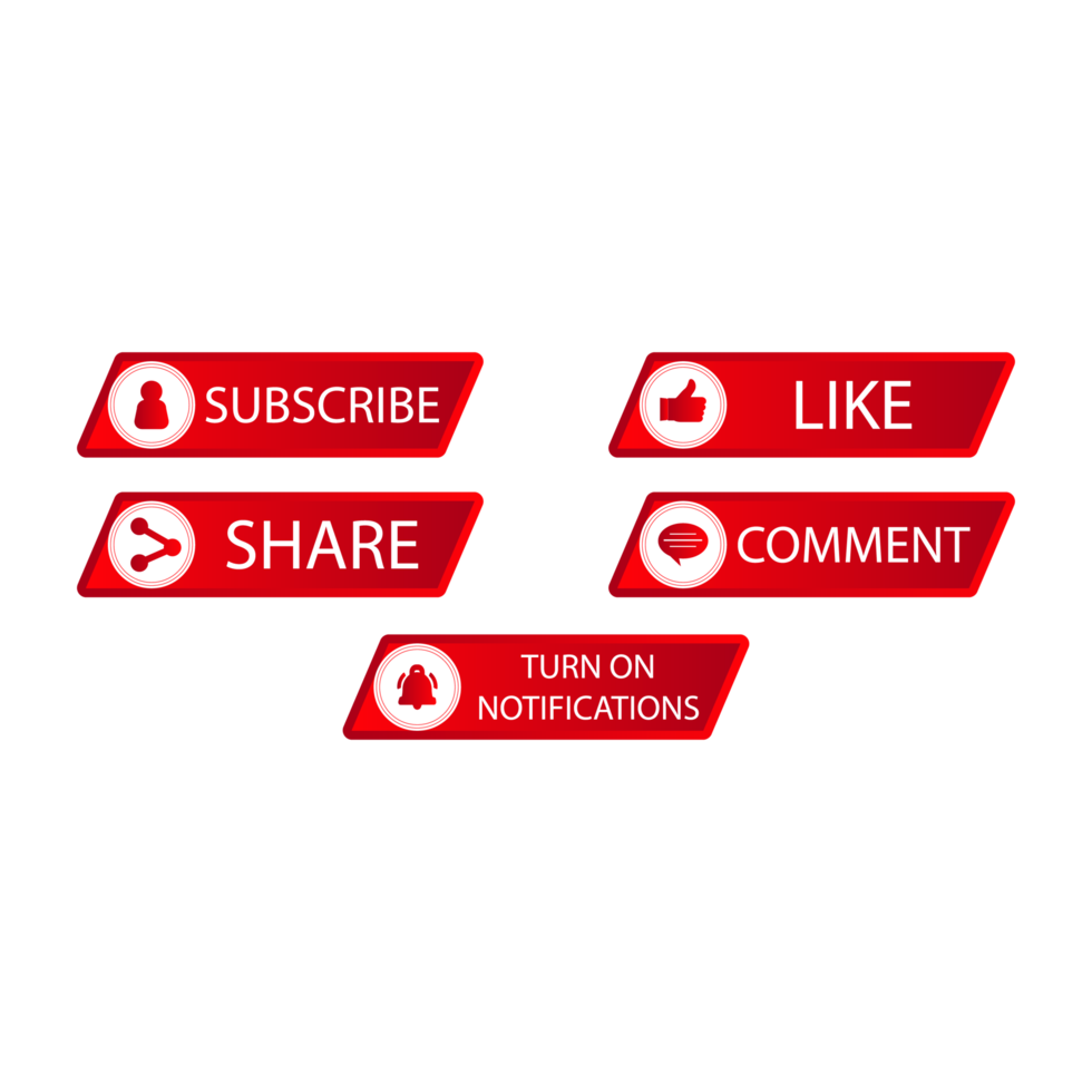 Subscribe button with metallic color design for social media. Button collection for social media with red color. Like, comment, subscribe, share and notification button vector illustration. png