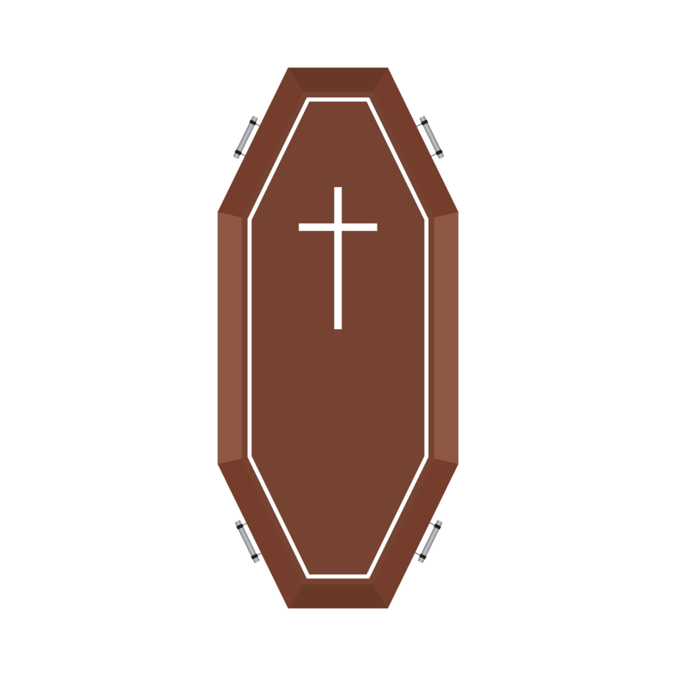 Halloween scary coffin vector design on a white background. Halloween coffin design with wood color shade and Christian cross. Wood color coffin vector illustration for upcoming Halloween event. png