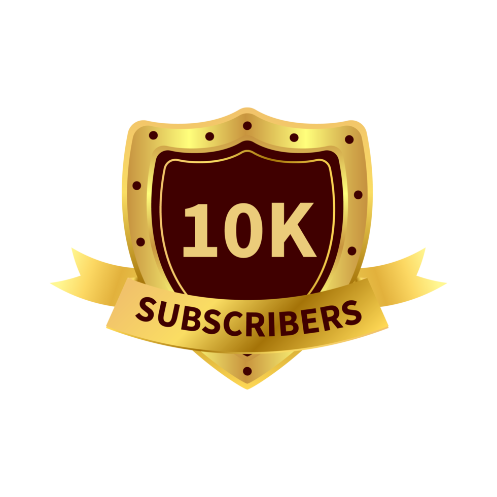 Subscriber royal badge design with a shield shape. Social media subscriber badge design with golden gradient color.  Golden and dark badge design with ribbon vector illustration. png