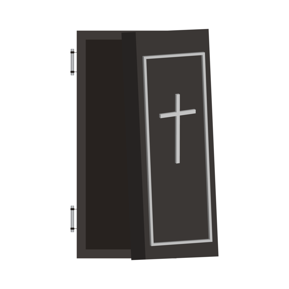 Halloween burial coffin design on a white background. Coffin with isolated shape design. Halloween burial coffin party element vector illustration. Black coffin vector with a Christian cross symbol. png