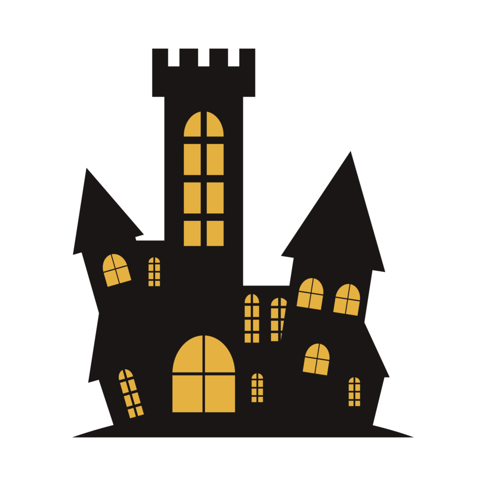 diseño vectorial del castillo embrujado en un fondo blanco. diseño de silueta de castillo embrujado de halloween con sombra de color amarillo. diseño para evento de halloween con ilustración de vector de casa. png