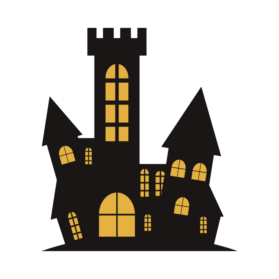 Geisterschloss-Vektordesign auf weißem Hintergrund. halloween spukschloss silhouette design mit gelbem farbton. design für halloween-event mit hausvektorillustration. png