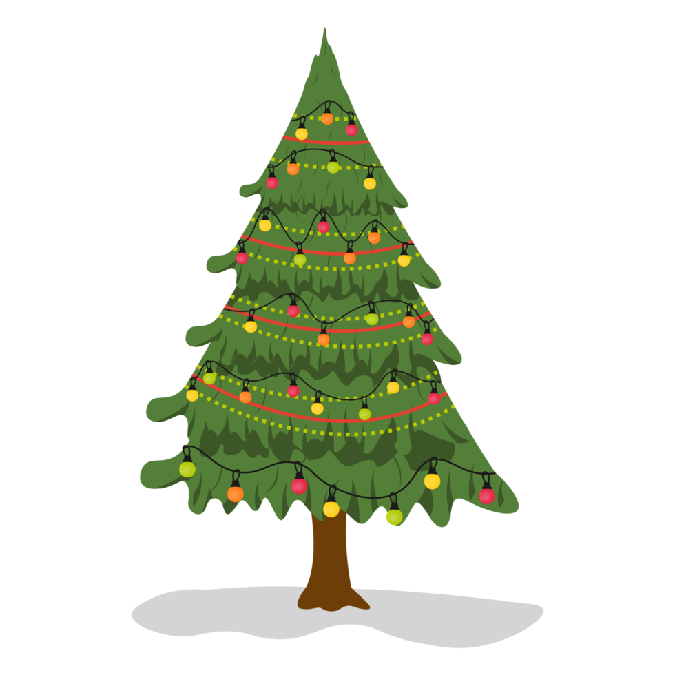 neujahr und weihnachten traditioneller symbolbaum mit glühbirnen, stern. Winterferien. Geschmückter Weihnachtsbaum mit Lichtern, Dekorationskugeln und Lampen. Frohe Weihnachten und ein glückliches neues Jahr. png