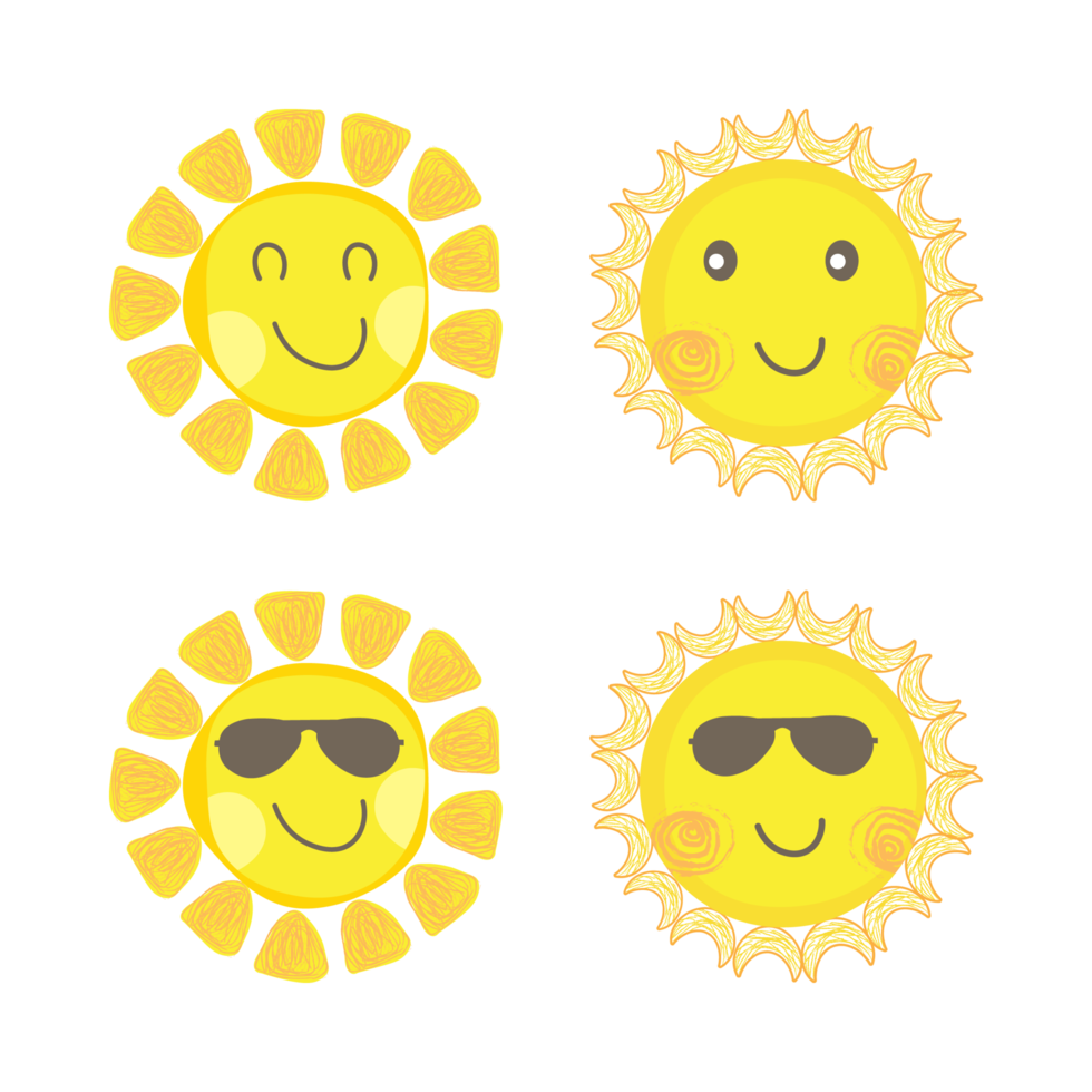 sole carino con viso sorridente e occhiali da sole alla moda. raggio di sole che esce dal disegno vettoriale del sole. adesivo solare di forma rotonda e di colore giallo. collezione di adesivi per social media vettoriali sole. png