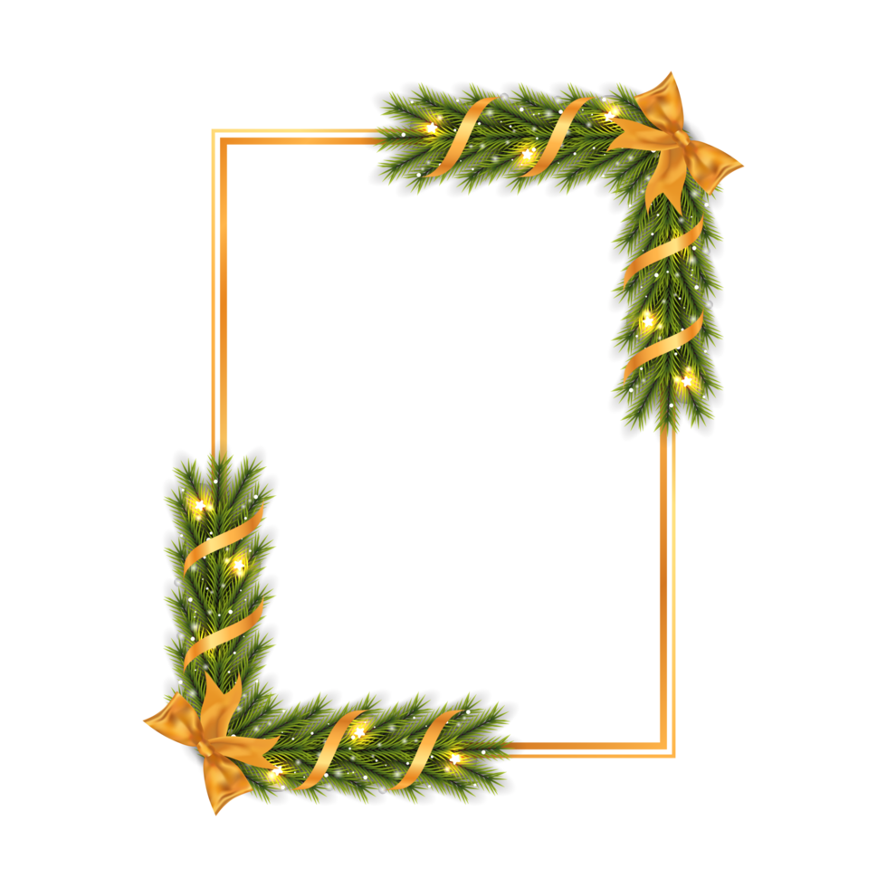 Christmas frame with green pine leaves, starlight, golden ribbon. Xmas golden frame snowflakes. Merry Christmas decoration elements with golden ribbons and shiny snowflakes. Christmas elements. png