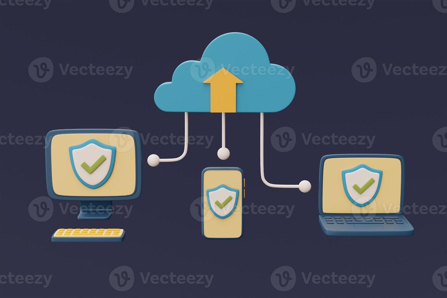 Devices connected to the cloud,Computer,labtop,smartphone,protection systems,global data sharing,minimal style.3d rendering. photo