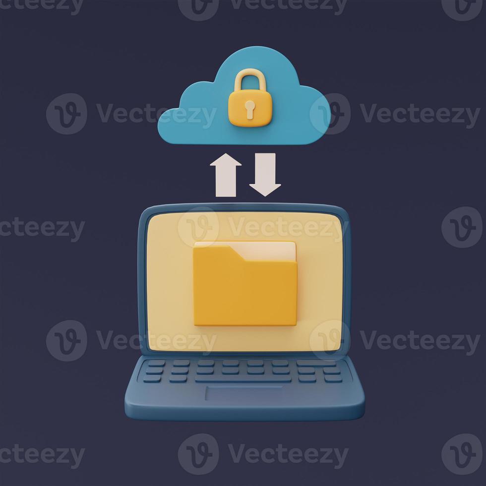 Cloud storage technology concept with blue cloud symbol and document in folder icon on computure ,online database,transfer data information,minimal style.3d rendering. photo