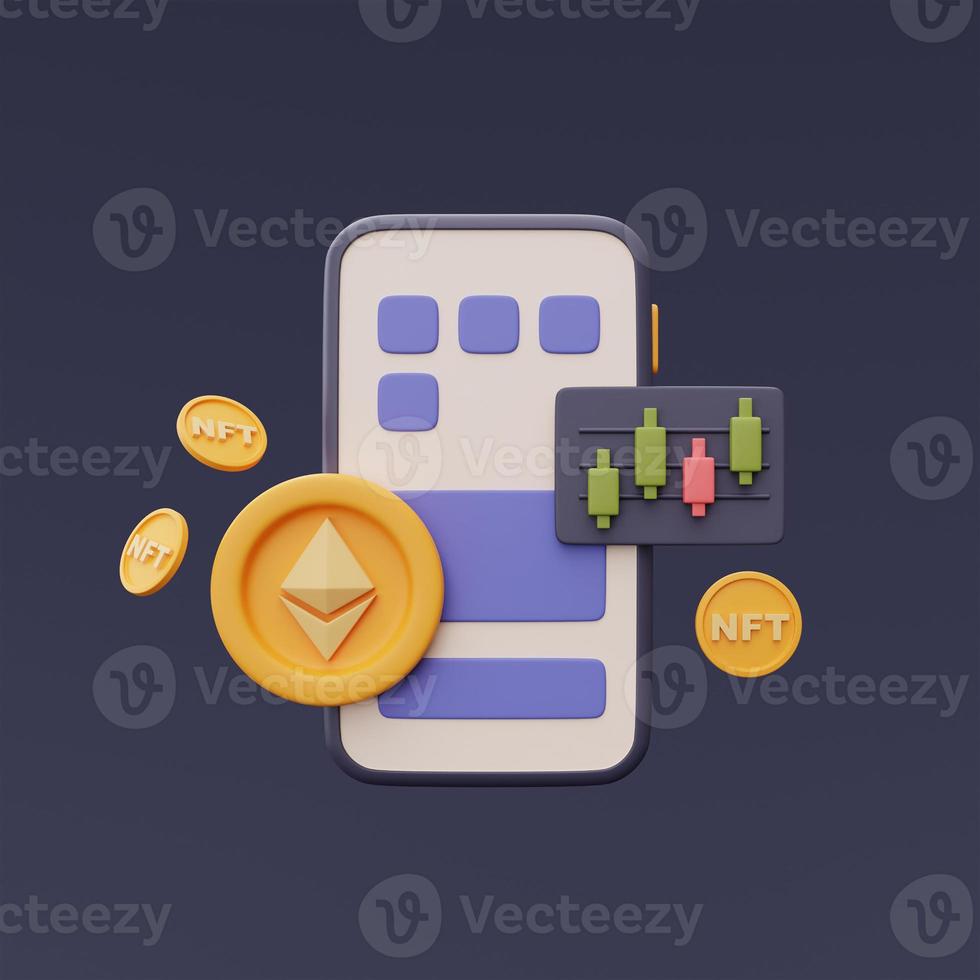 NFT nonfungible tokens concept with ethereum coin and candlestick graph trading on smartphone ,3d rendering. photo