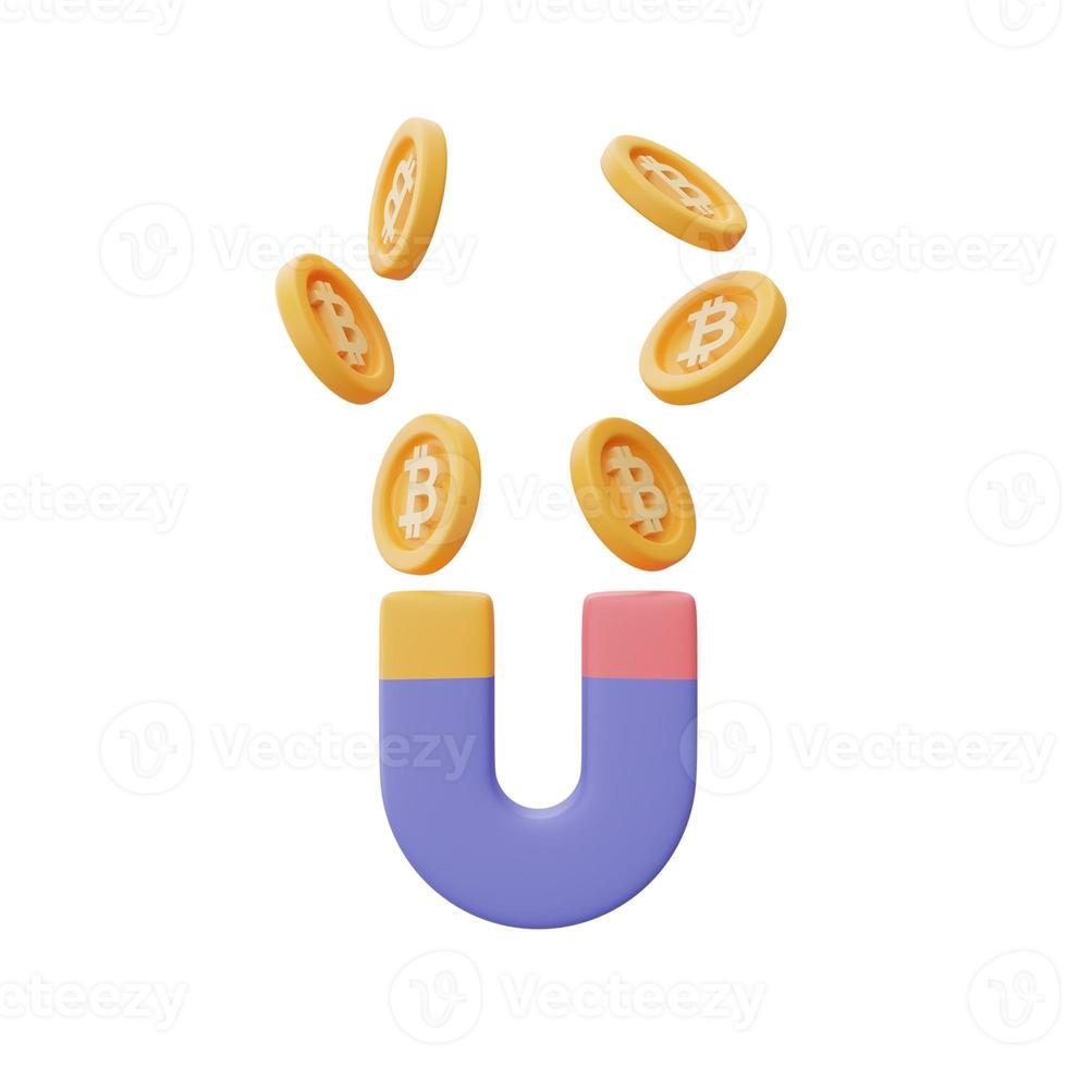 Magnet attracting Golden coin with bitcoin sign,Cryptocurrency trading strategy concept,blockchain technology services,minimal style.3d rendering. photo