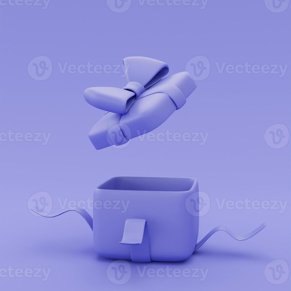 3d blank open purple gift box isolated,present box with ribbon bow,minimal style,3d rendering. photo