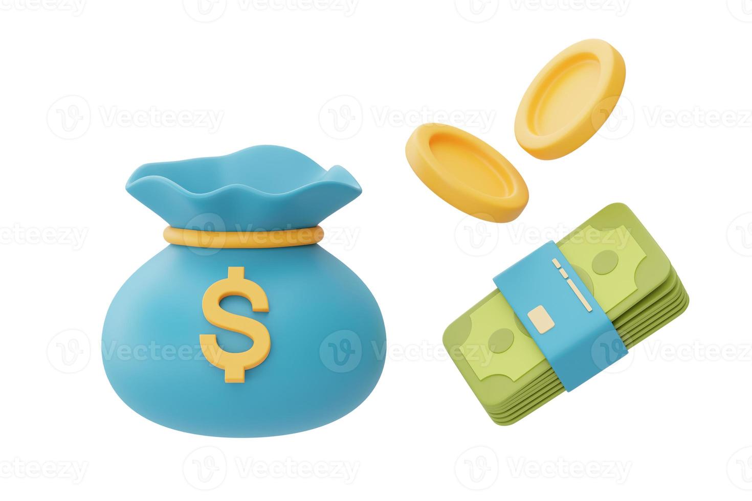 bolsa de dinero con monedas de oro y billetes aislados sobre fondo claro, concepto de ahorro de dinero. estilo minimalista. Representación 3d. foto