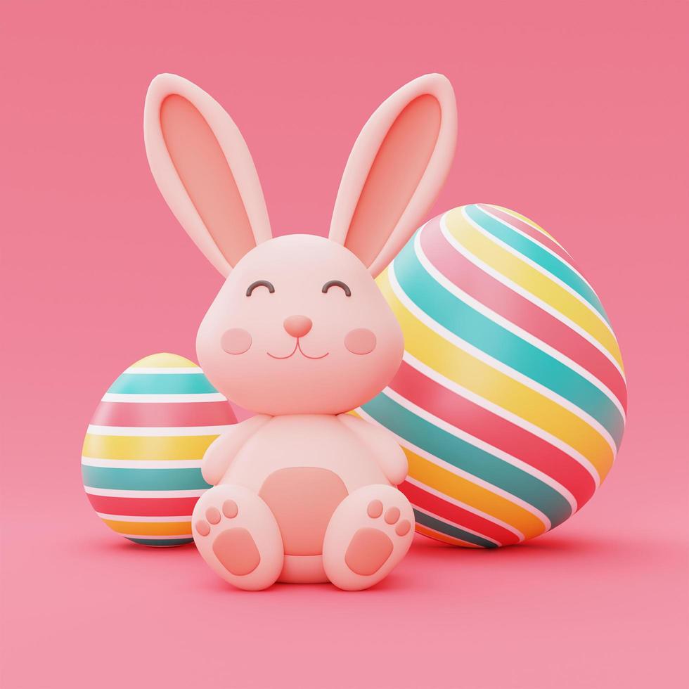 Easter bunny with colorful easter eggs isolated on pink backgound,happy easter holiday concept.minimal style,3d rendering. photo