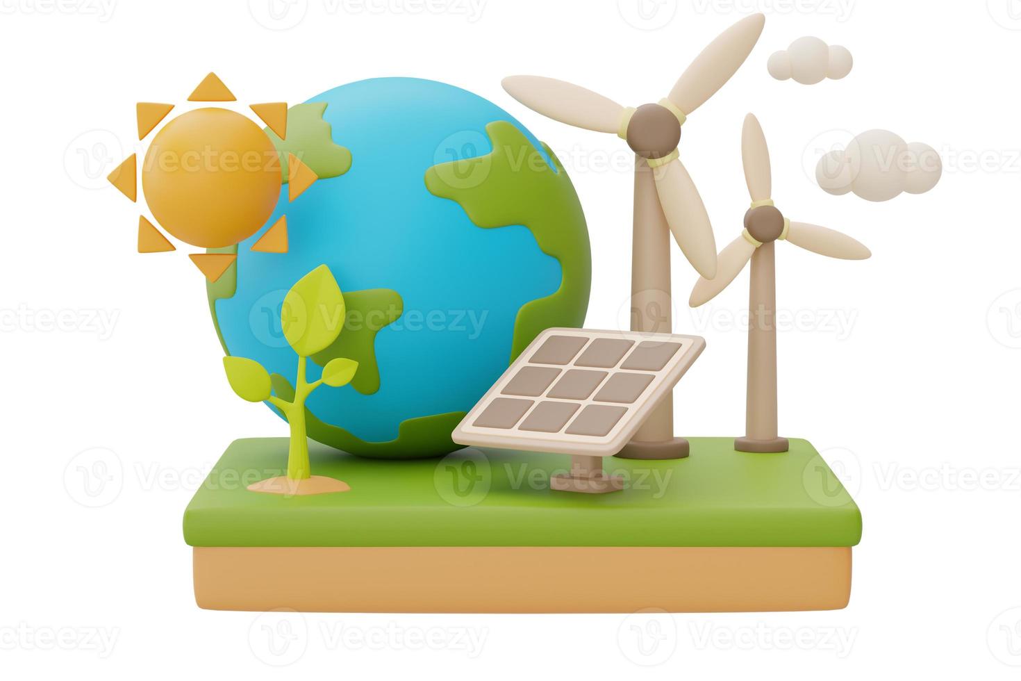 Alternative source of electricity concept with World globe,solar panels,wind turbine and Seedling,eco friendly,clean energy,3d rendering. photo