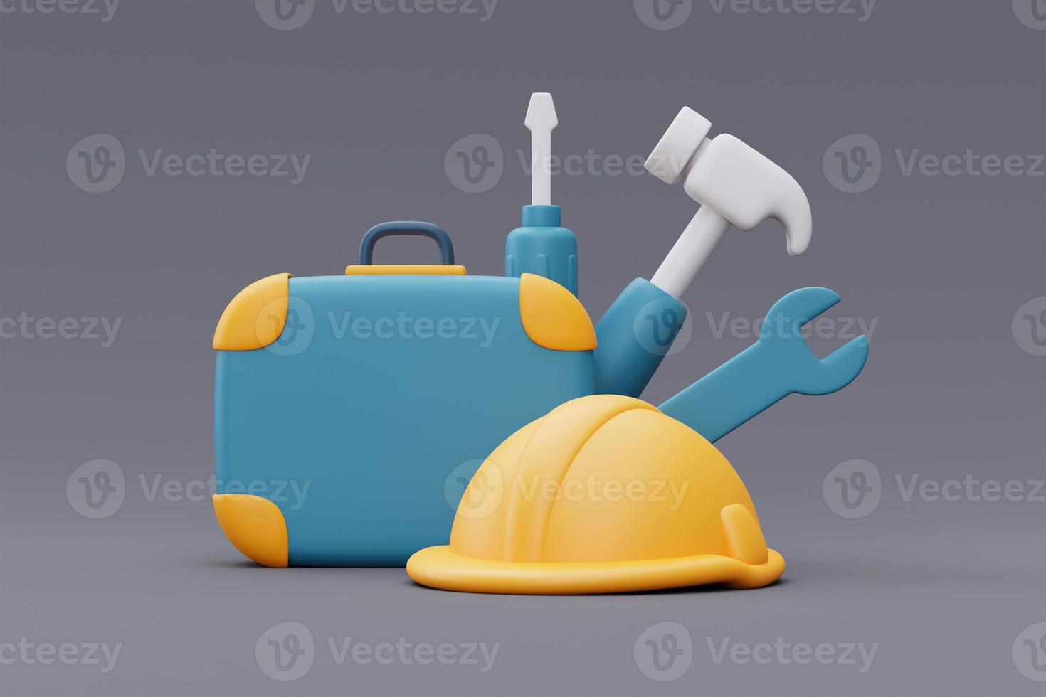 herramientas y equipos de construcción,casco de seguridad,martillo,destornillador,llave,día del trabajo.representación 3d foto