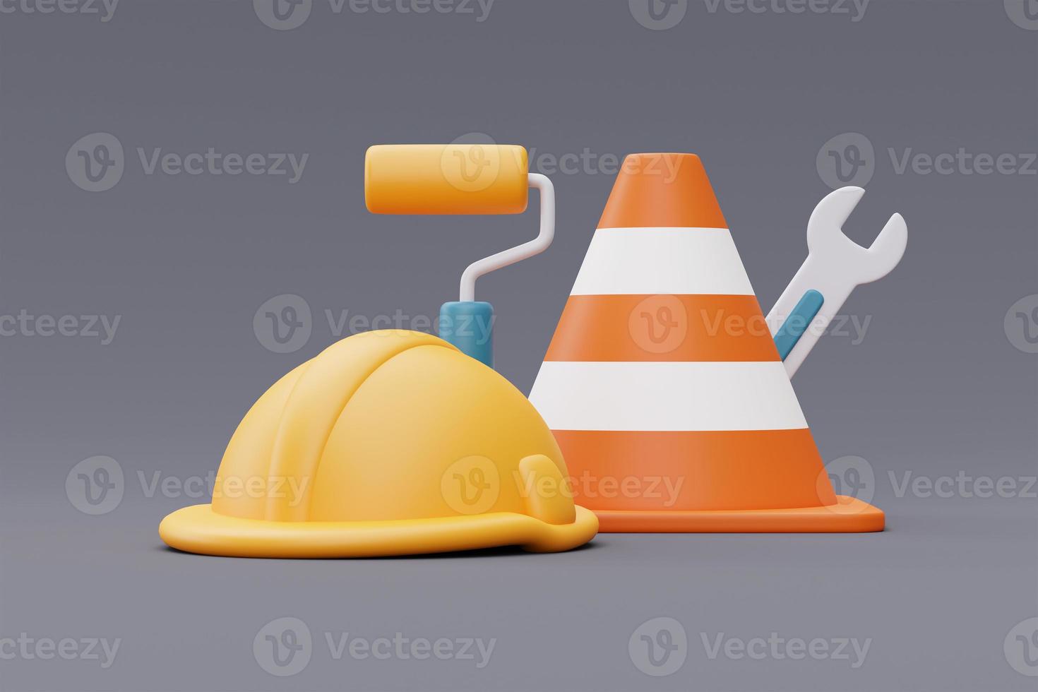 Construction tools and equipment,Safety helmet,roller brush,traffic cone,wrench,labour day.3d rendering photo