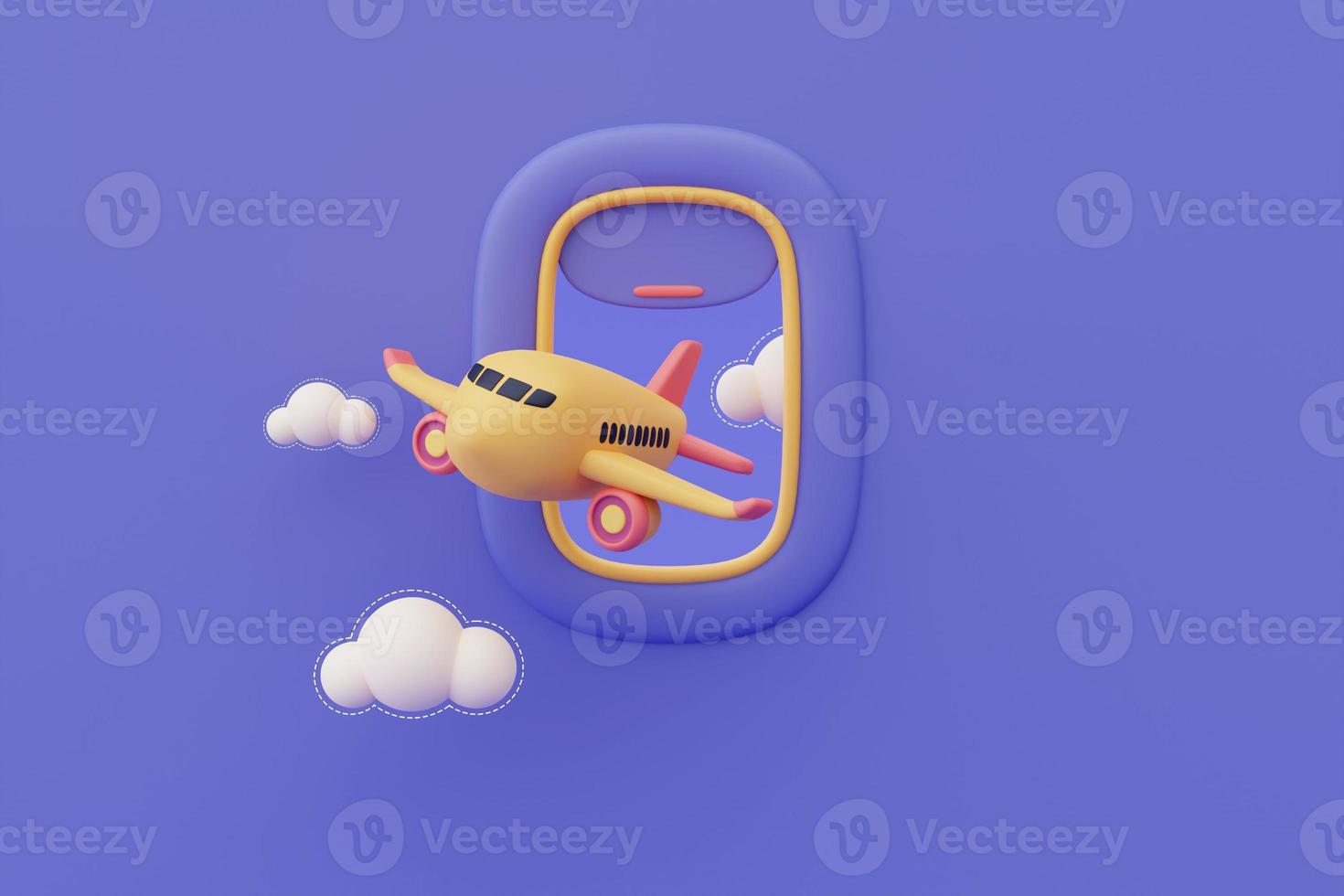 3d render of airplane window with airplane in the sky,Tourism and travel concept,holiday vacation.minimal style. photo