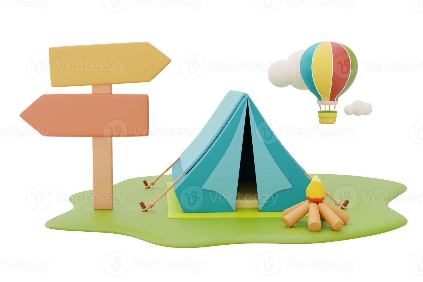 tourist camping tent,campfire,hot air balloon with signpost on camping place,summer camp concept,3d rendering. photo