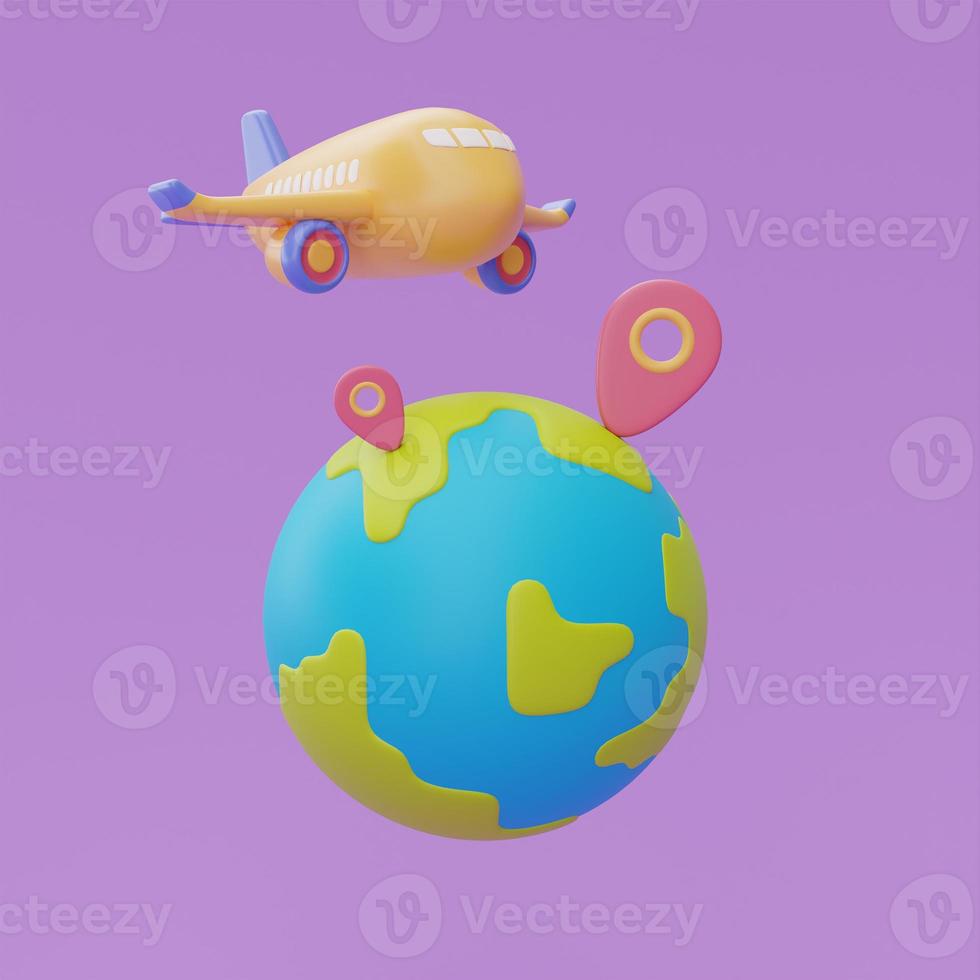 Airplane flying around the world with location pin,Tourism and travel plan to trip concept,holiday vacation,Time to travel,3d rendering photo