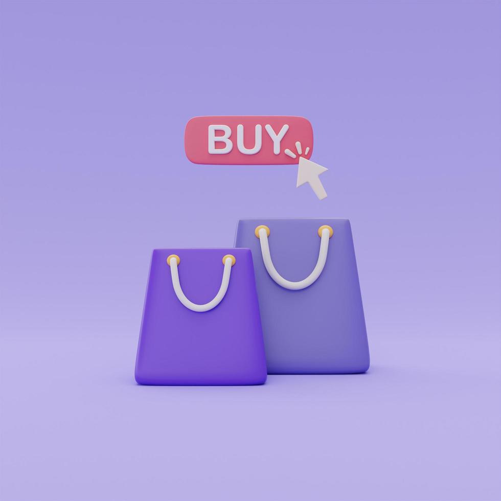 Bolsas de compras 3d con botón de clic en comprar sobre fondo púrpura, concepto de compras en línea, renderizado 3d. foto