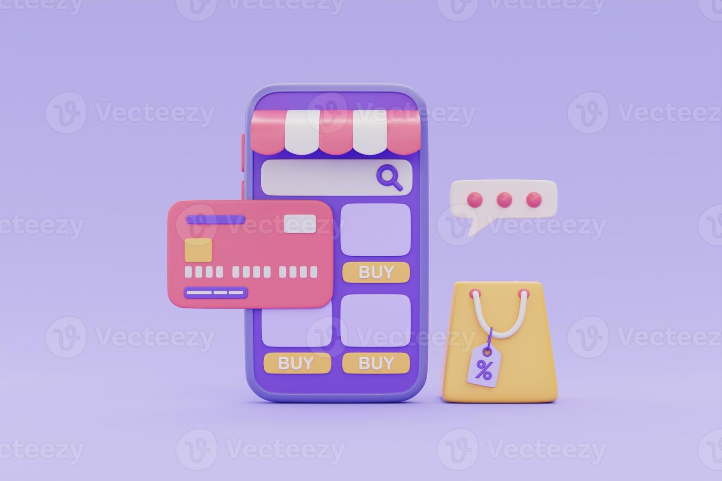 Online shopping store on smartphone with shopping bag and credit card on purple background, 3d rendering. photo