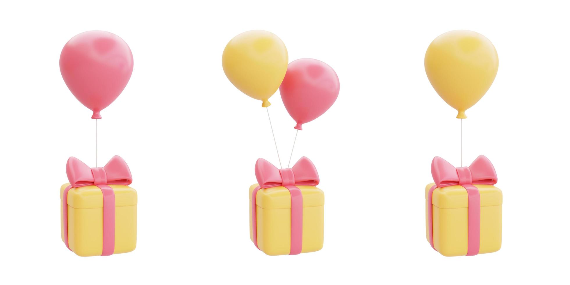 conjunto de cajas de regalo 3d con globo flotando aislado sobre fondo blanco, gran descuento y colección de objetos de concepto de promoción de venta, renderizado 3d. foto