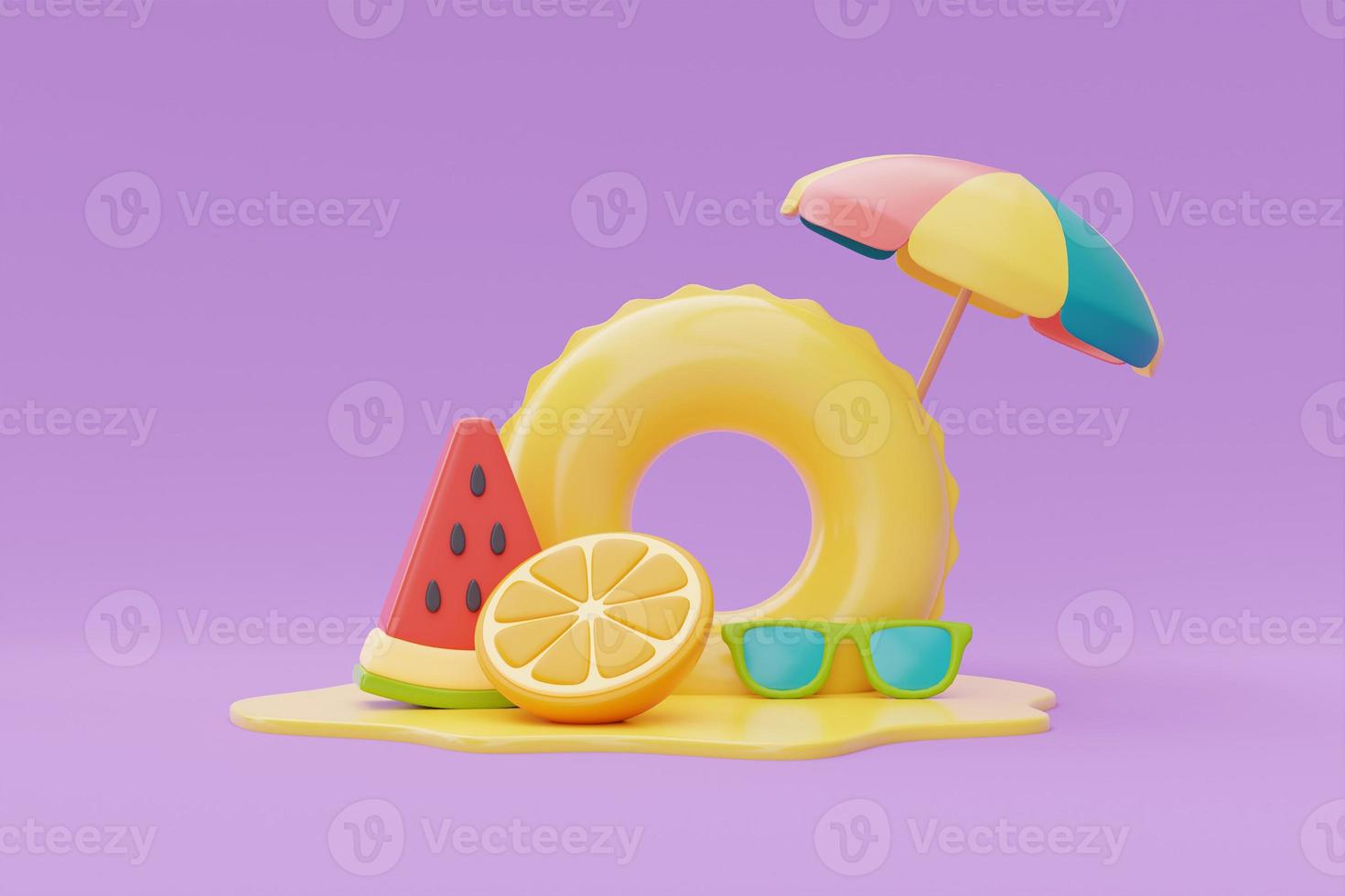 Summer time concept with inflatable ring and colorful summer fruits on purple background, , 3d rendering. photo