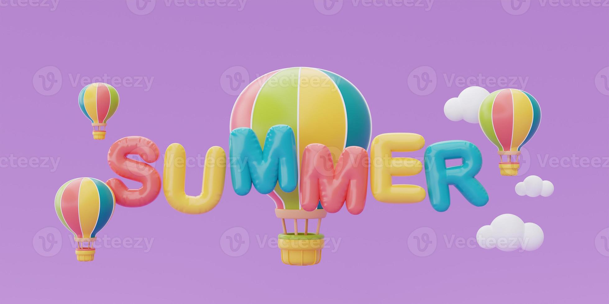Summer time concept with colorful hot air balloon floating on purple background, 3d rendering. photo
