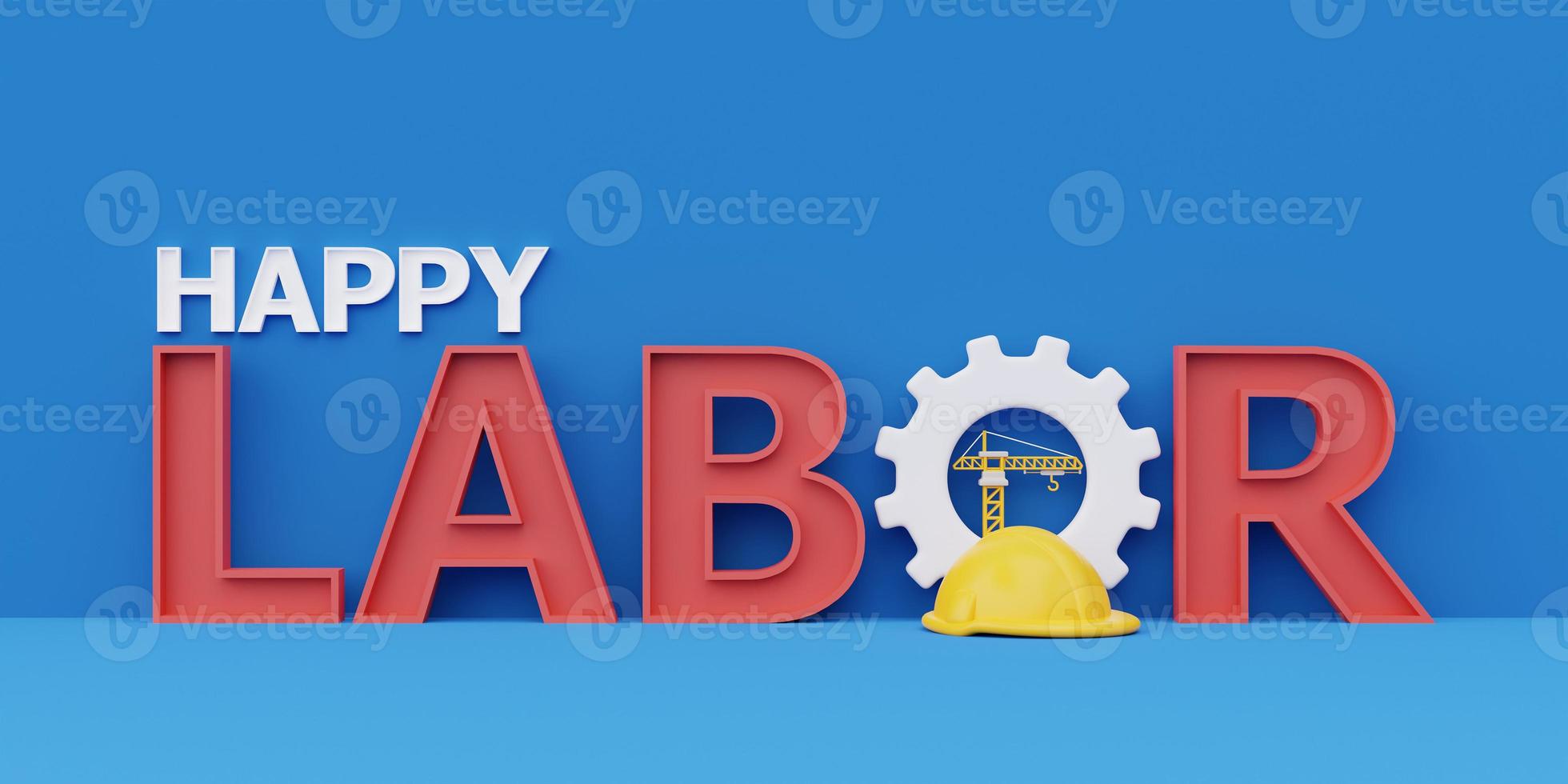 Happy labor day usa concept with construction tools and equipment on blue background, 3d rendering photo