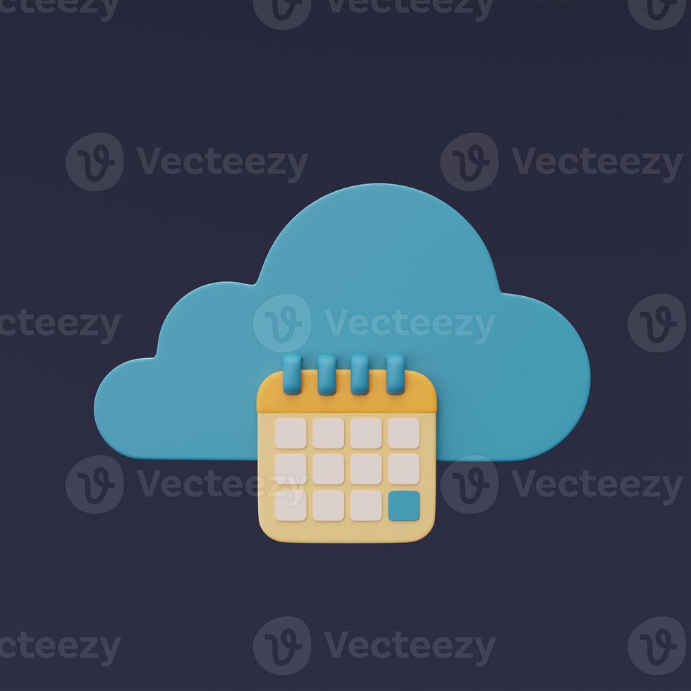 3d render of blue cloud symbol with calendar icon isolated on dark background,Cloud storage technology,minimal style. photo