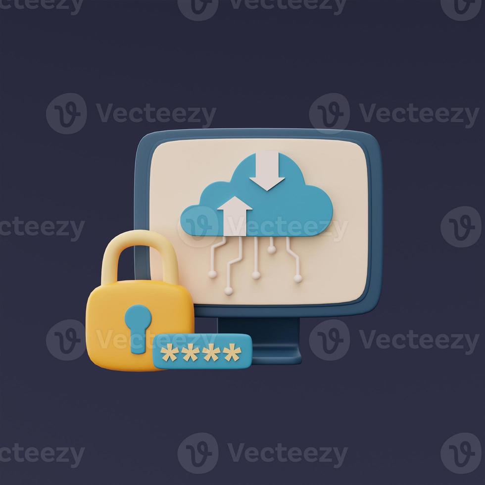 Cloud storage technology concept with blue cloud symbol and padlock on computure ,online database,transfer data information,minimal style.3d rendering. photo