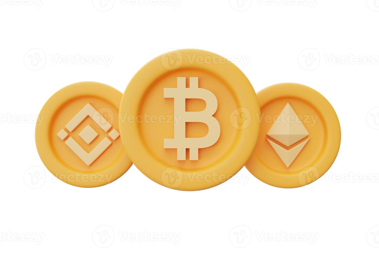 Set of golden cryptocurrency coins with Bitcoin,Ethereum,Binance isolated on white background,blockchain technology,minimal style.3d rendering. photo