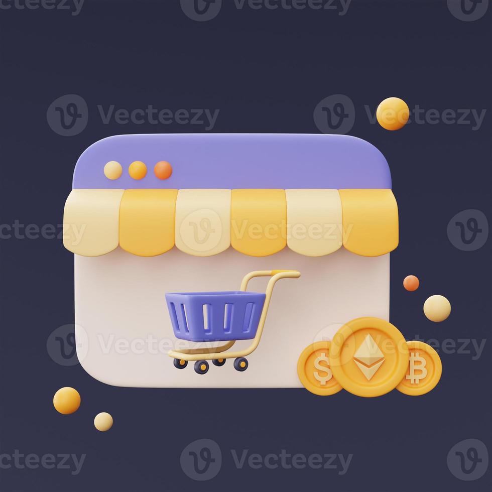 Shopping cart with Ethereum and bitcoin coins,Web deals and cryptocurrency,Online shopping concept,minimal style.3d rendering. photo