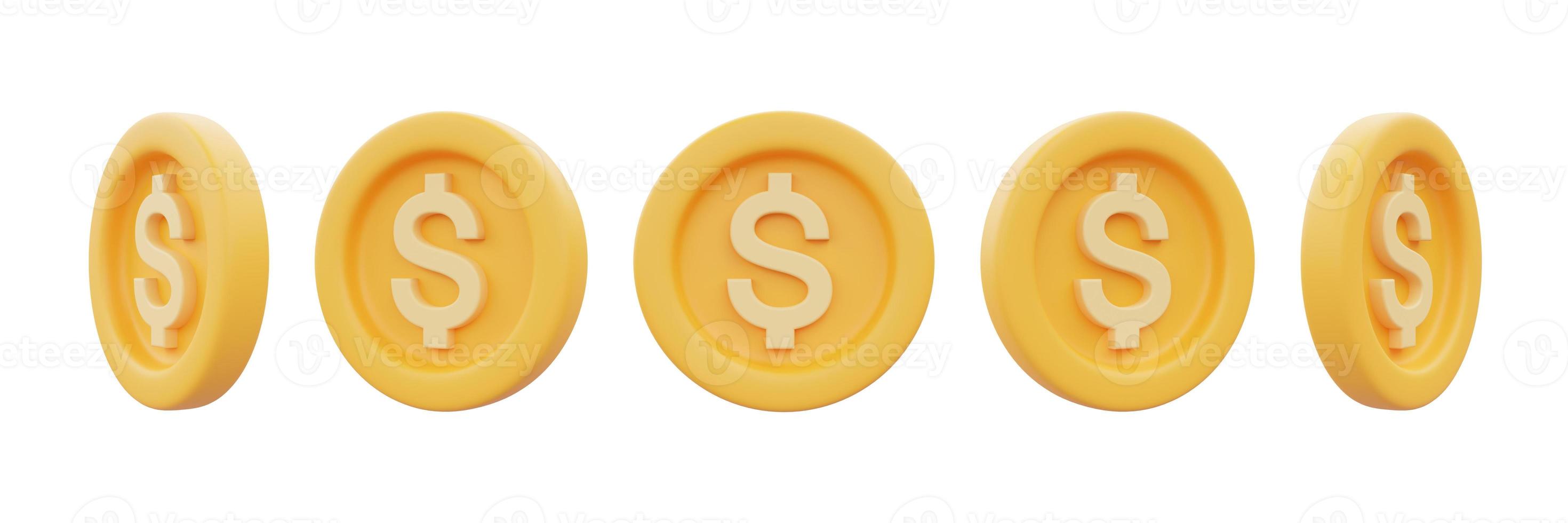 conjunto de monedas de oro con signo de dólar aislado sobre fondo blanco, negocio, finanzas o concepto de cambio de moneda, estilo mínimo. Representación 3d. foto