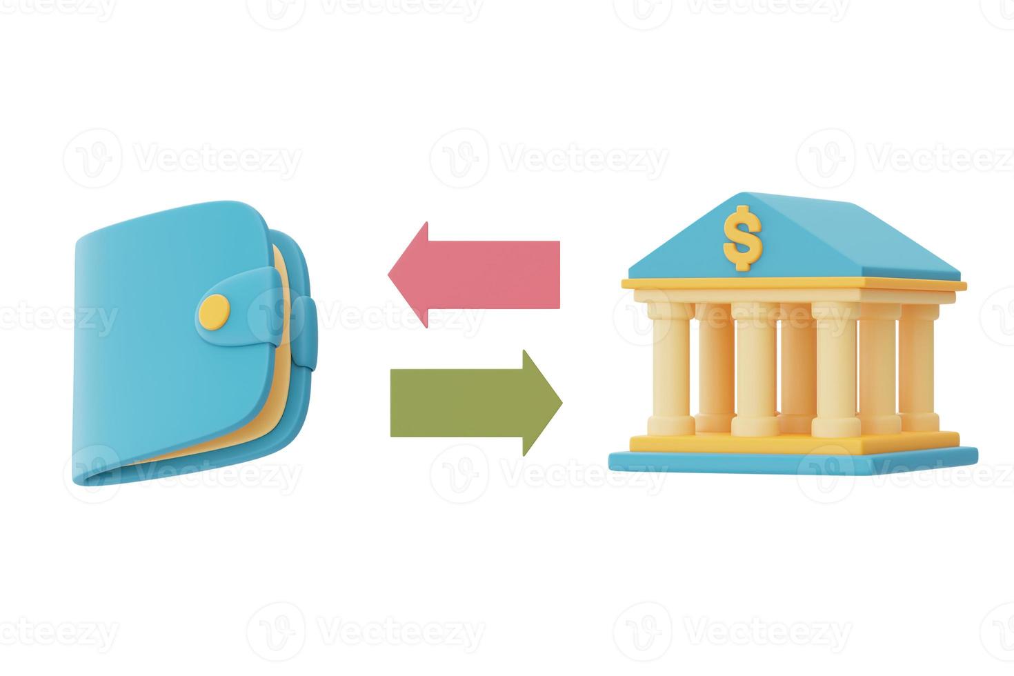 Representación 3d del edificio del banco con billetera de dinero aislada sobre fondo claro, concepto de transferencia de dinero, inversión financiera empresarial. Estilo minimalista. Representación 3d. foto