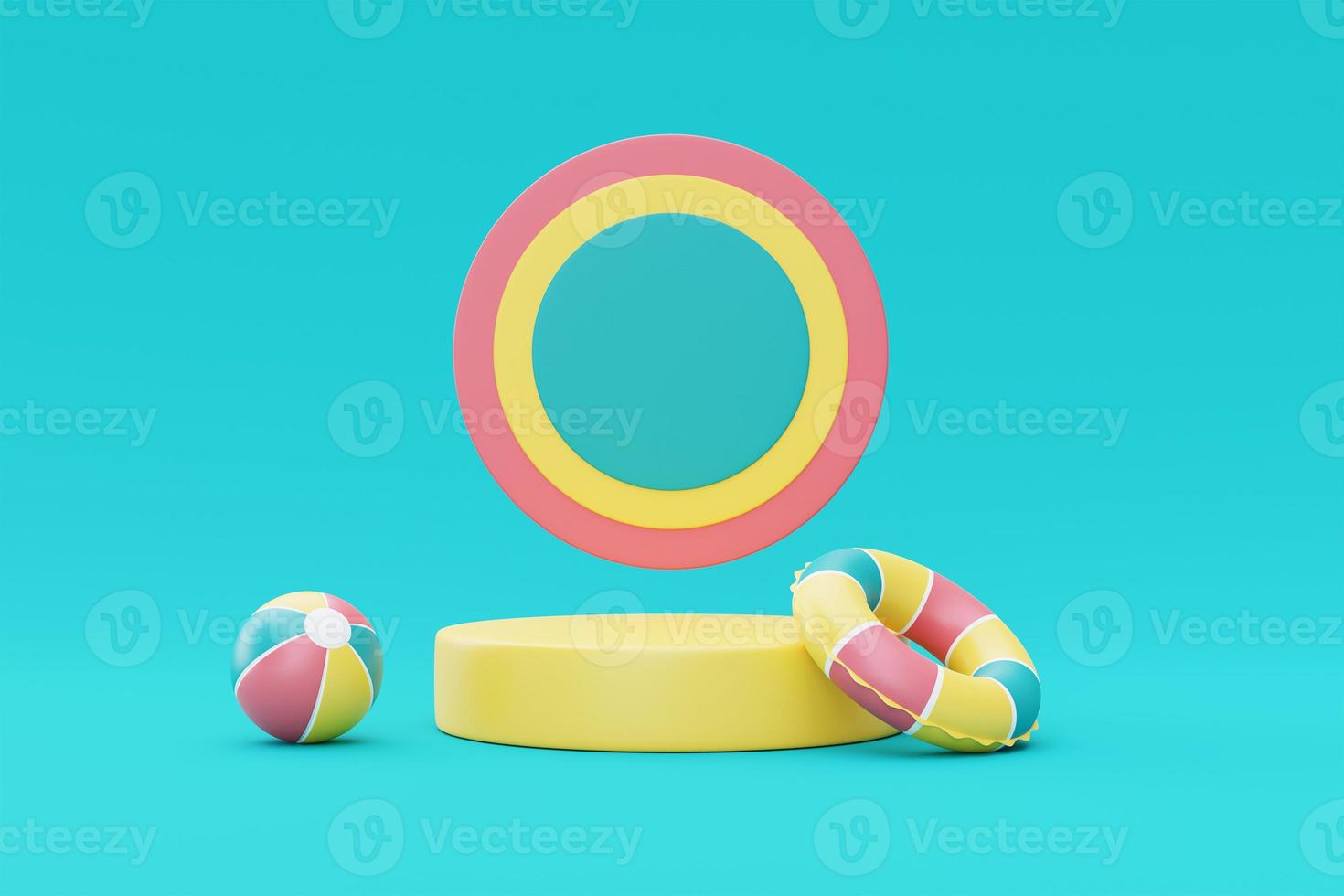 3d rendering of Summer vacation concept,colorfull podium display with summer elements,clouds and rainbow ,minimal style.3d render. photo