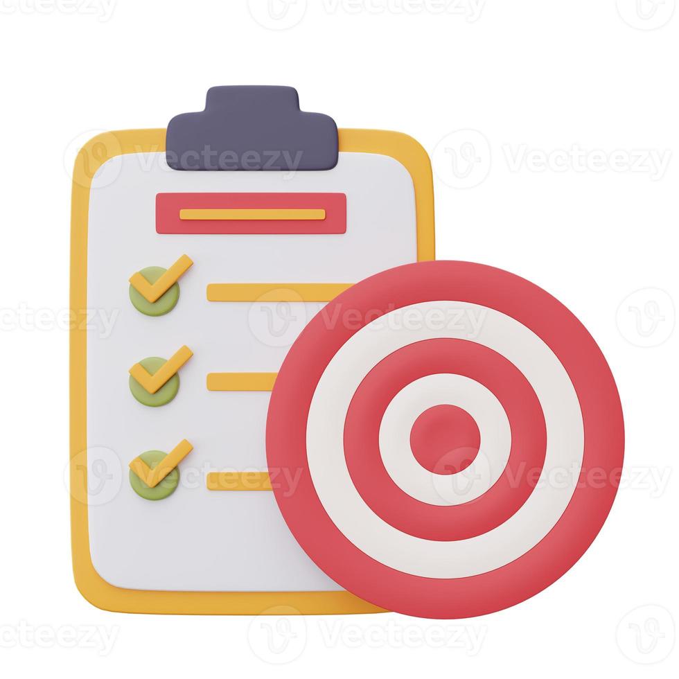 Red target and arrow on clipboard with checklist,Achieving the goal,success business strategy concept,minimal style,3d rendering. photo