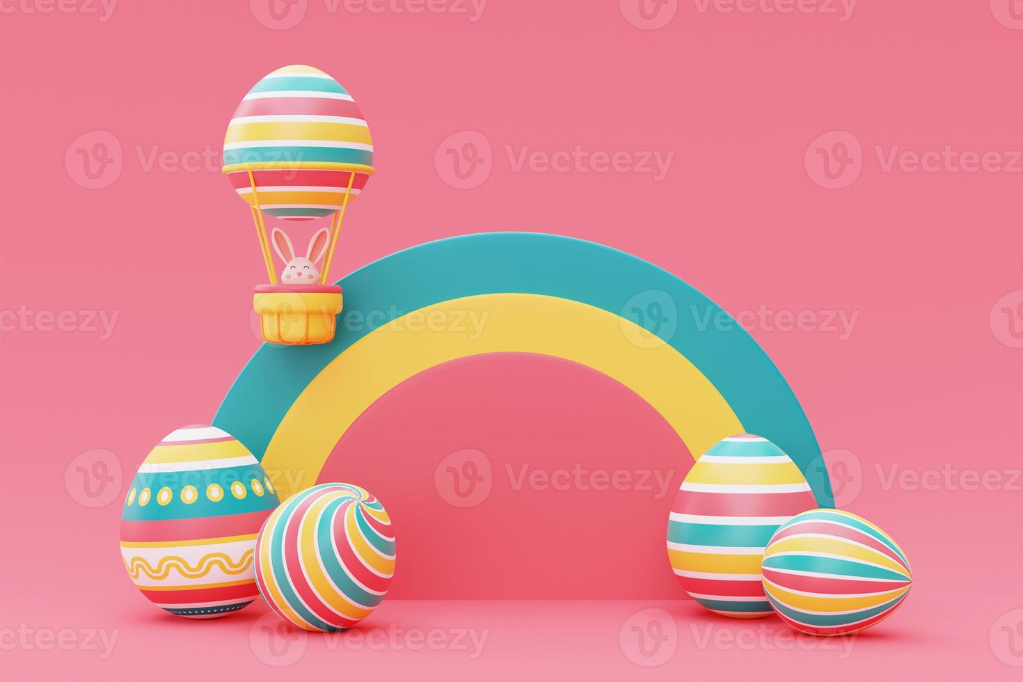 Happy Easter colorful background with easter eggs and easter bunny,International Spring Celebration,minimal style,3d rendering. photo