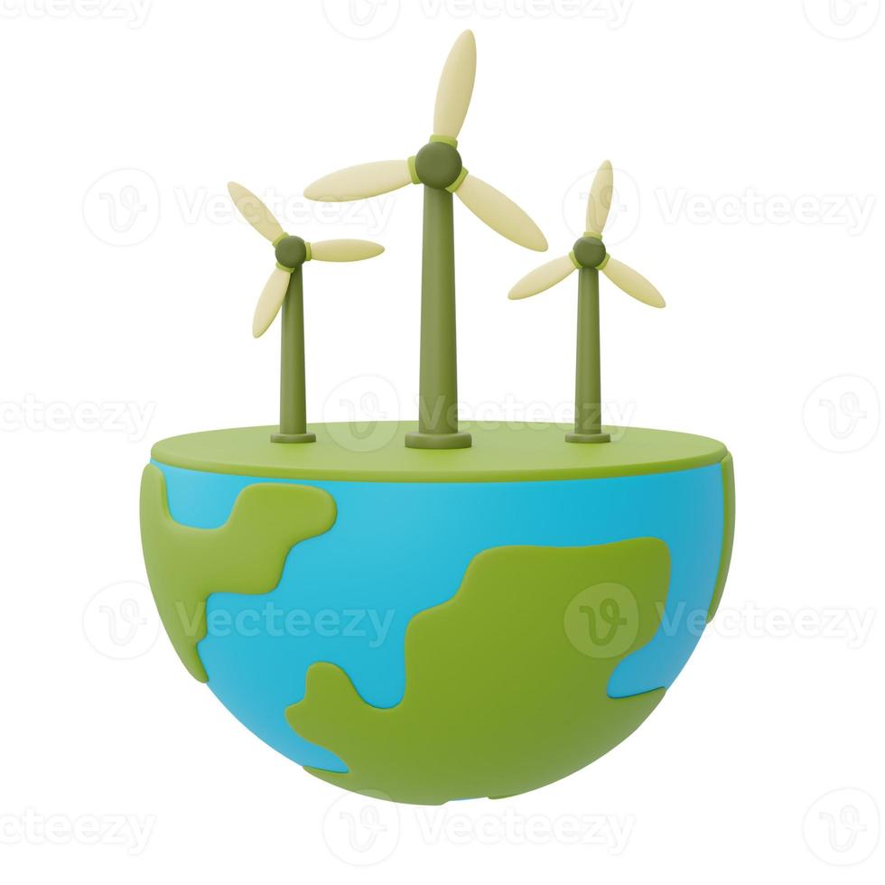feliz día de la tierra, globo mundial con turbina eólica, salvar el planeta y el concepto de energía, desarrollo de energía sostenible, renderizado 3d. foto