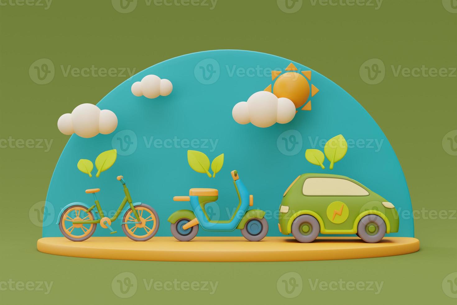 Electric car,motorcycle,bicycle,World environment day,Eco-friendly sustainable energy concept,3d rendering. photo