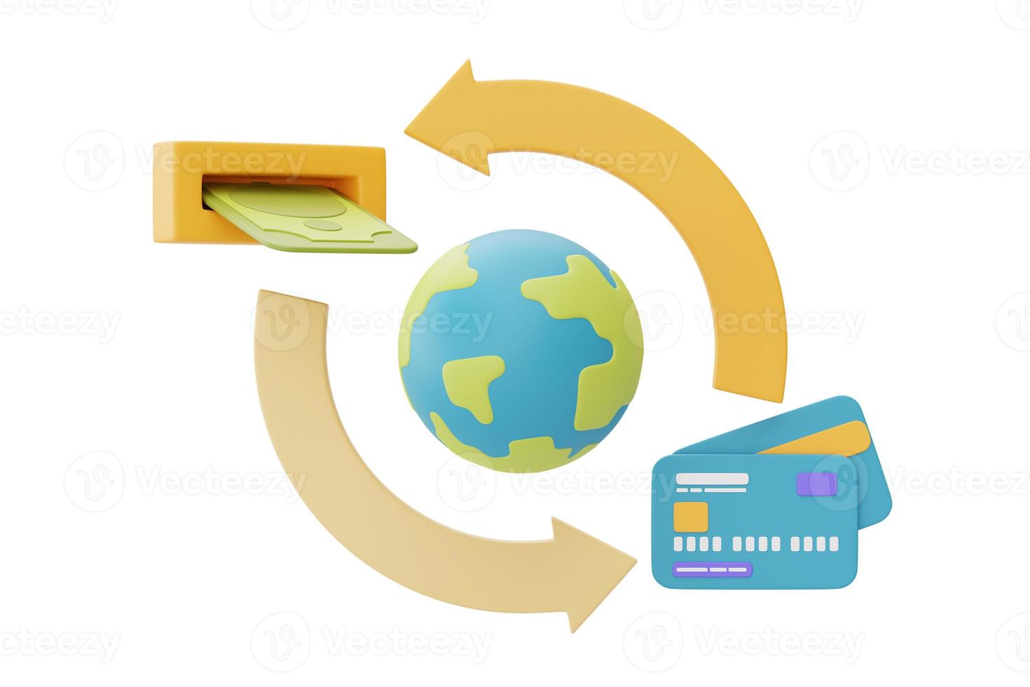 Business, finance or currency exchange concept,Globe with blue credit cards and banknotes,Digital payment,currency rate increase statistic,3d rendering photo