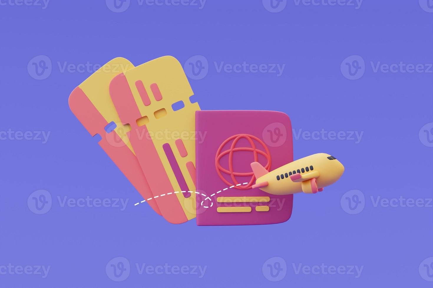 3d render of airplane and passport isolated on purple background ,Tourism and travel concept,holiday vacation.minimal style. photo